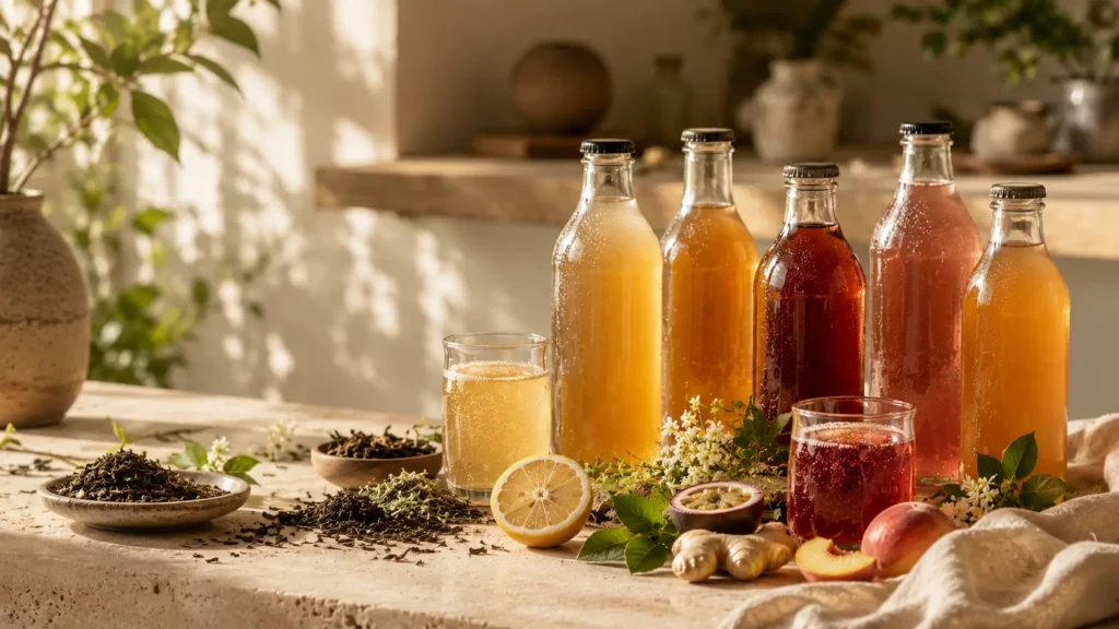 Various Kombucha bottles