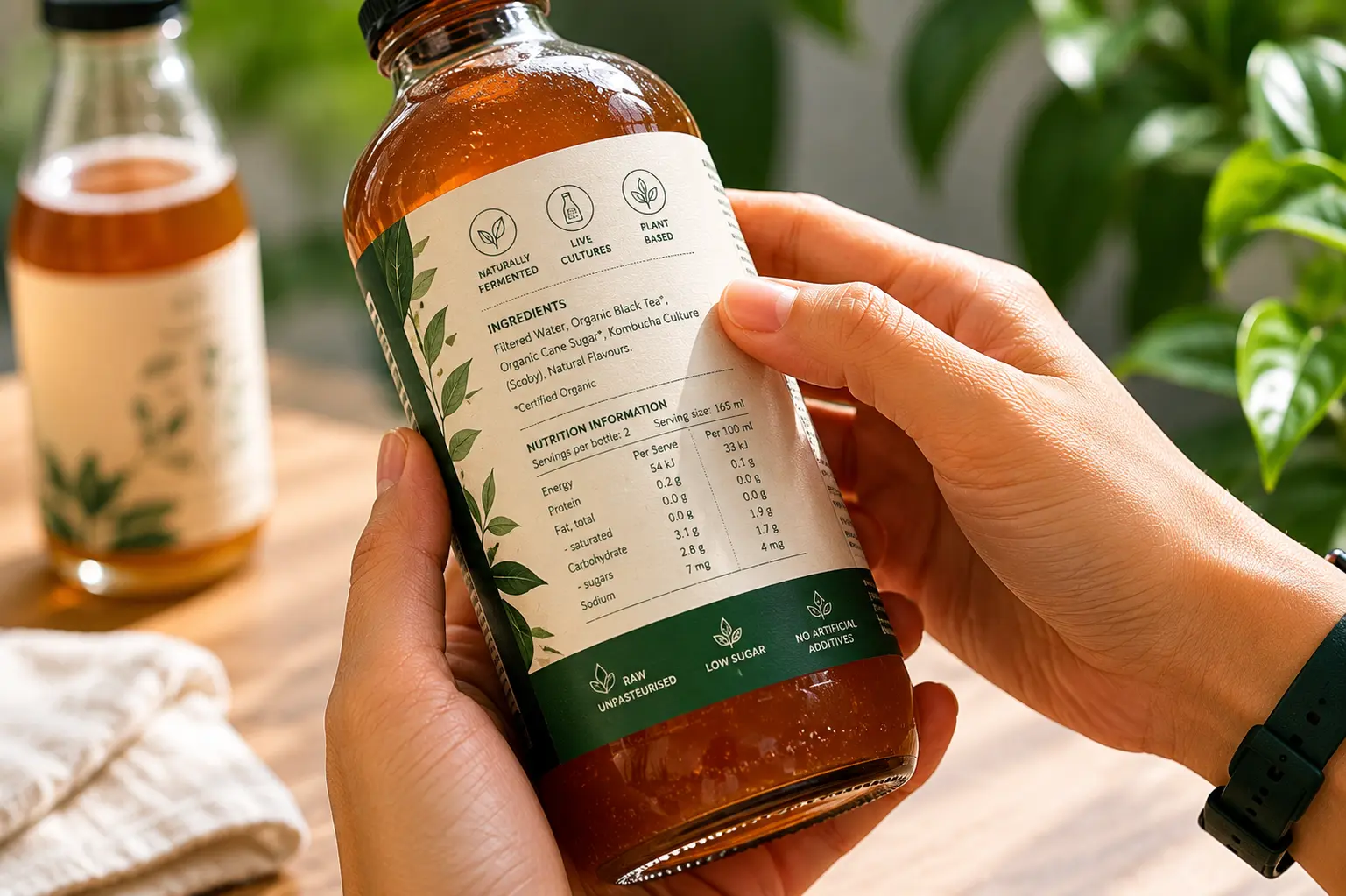 Flipping kombucha bottle to read ingredient list Singapore — how to evaluate natural claims