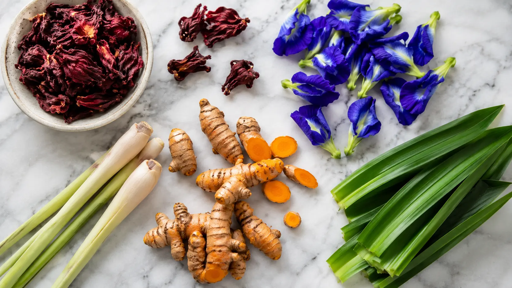 Whole botanical ingredients for authentic kombucha — hibiscus turmeric lemongrass butterfly pea pandan Singapore