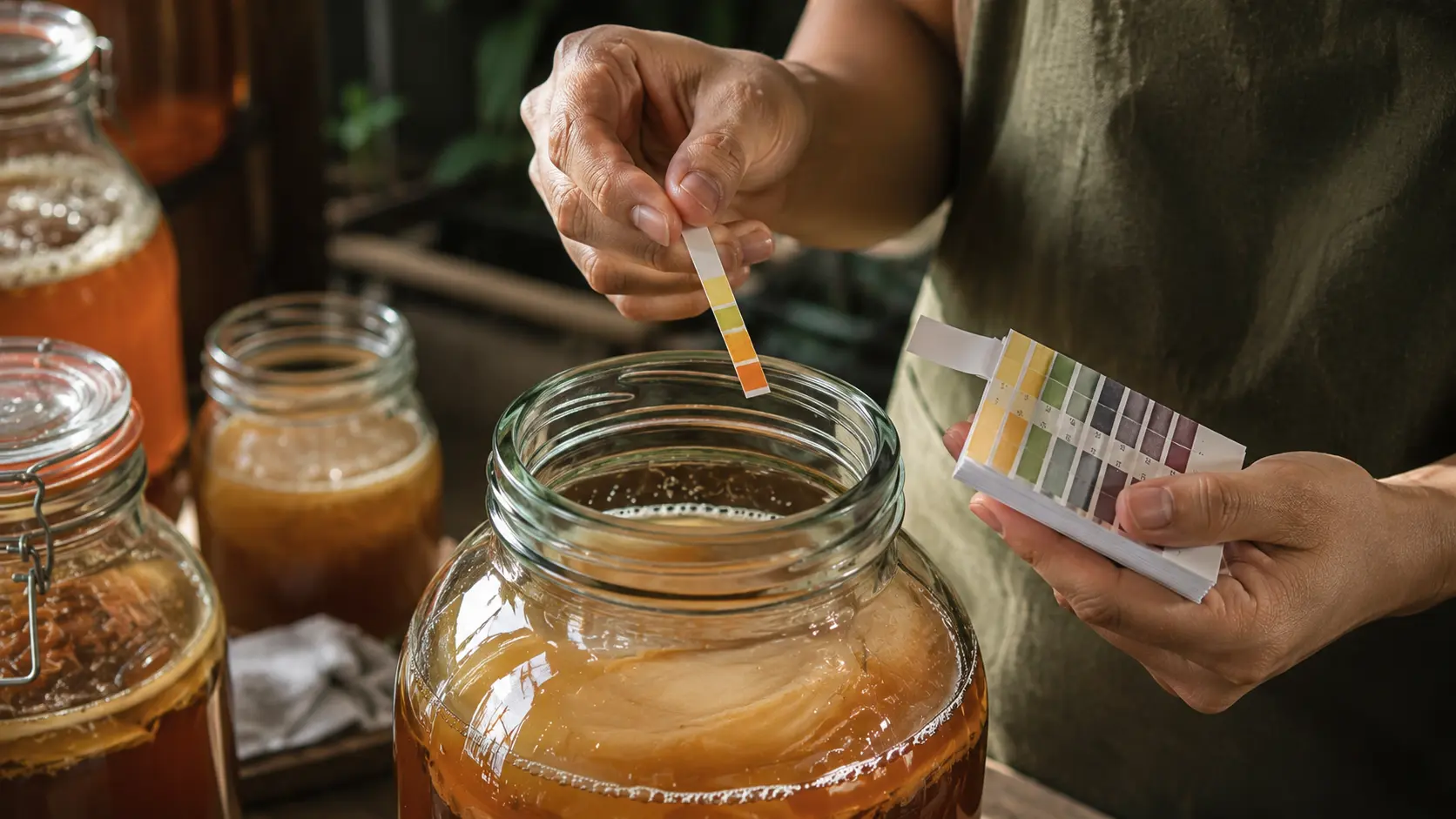 Kombucha brewer checking pH of small-batch fermentation — craft production Singapore