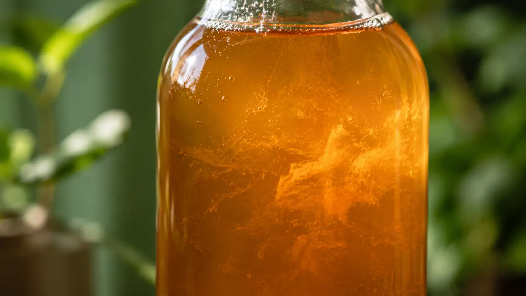 Natural cloudiness and yeast strands in genuine kombucha bottle — signs of live SCOBY fermentation