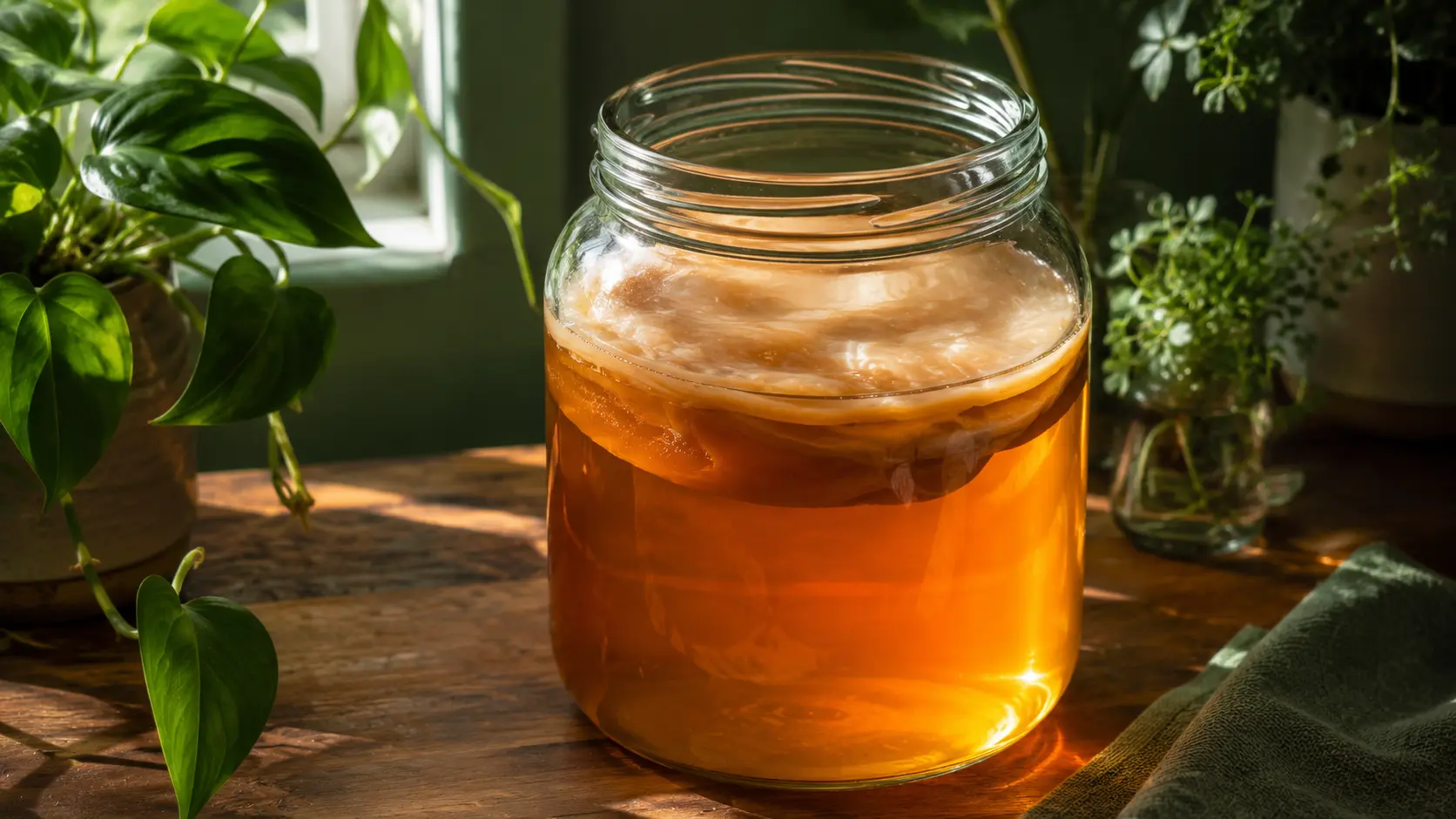 Kombucha fermenting in glass jar with SCOBY at surface — first fermentation process