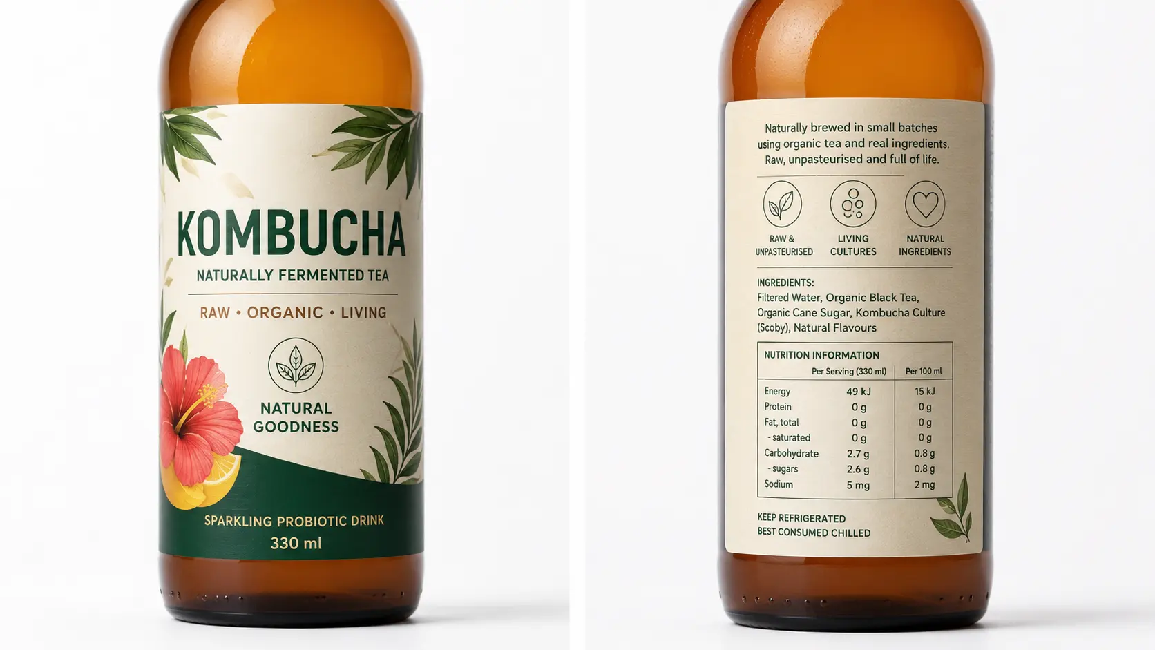 Front vs back of kombucha label Singapore — front claims vs regulated ingredient list