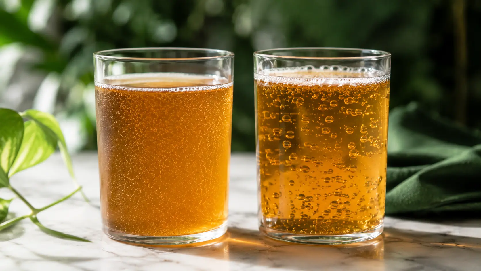 Natural kombucha carbonation vs added sparkling water bubbles — visible difference