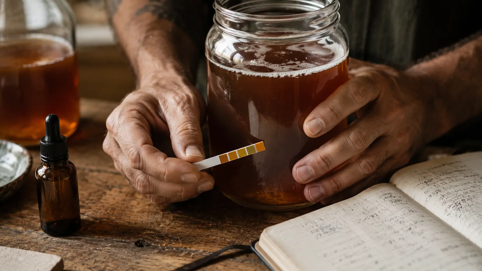Kombucha brewer checking pH at the bottling gate — quality control in authentic fermentation