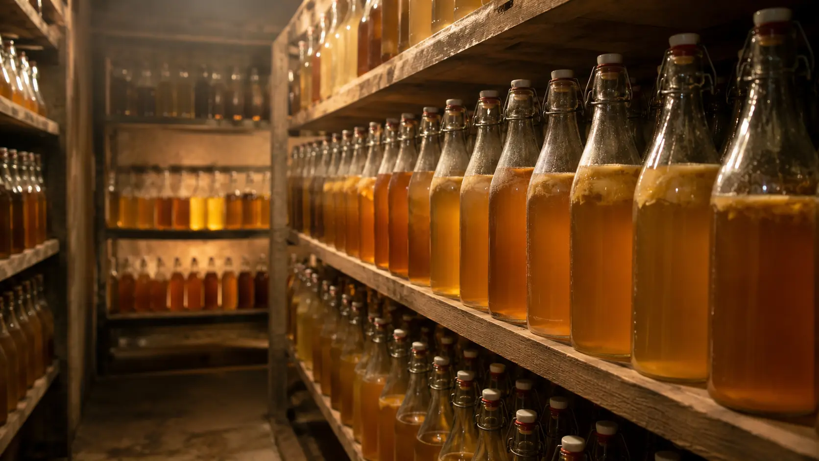 Kombucha second fermentation bottles on shelves — natural carbonation process