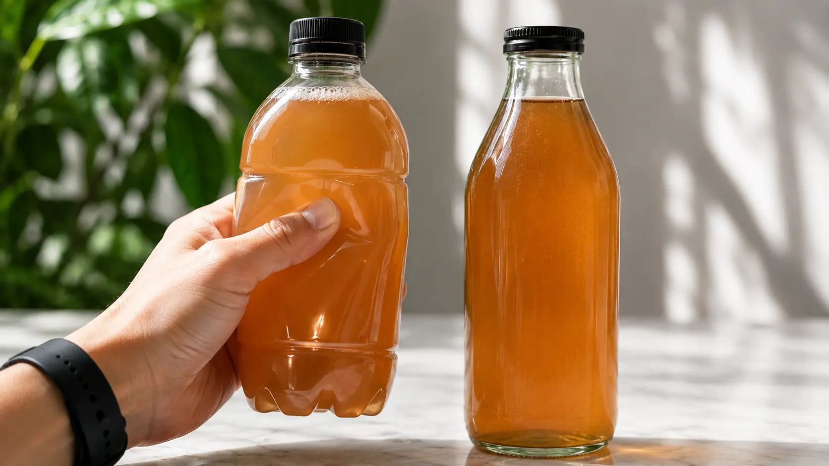 Squeezing plastic kombucha bottle compared to rigid glass — CO2 permeability difference