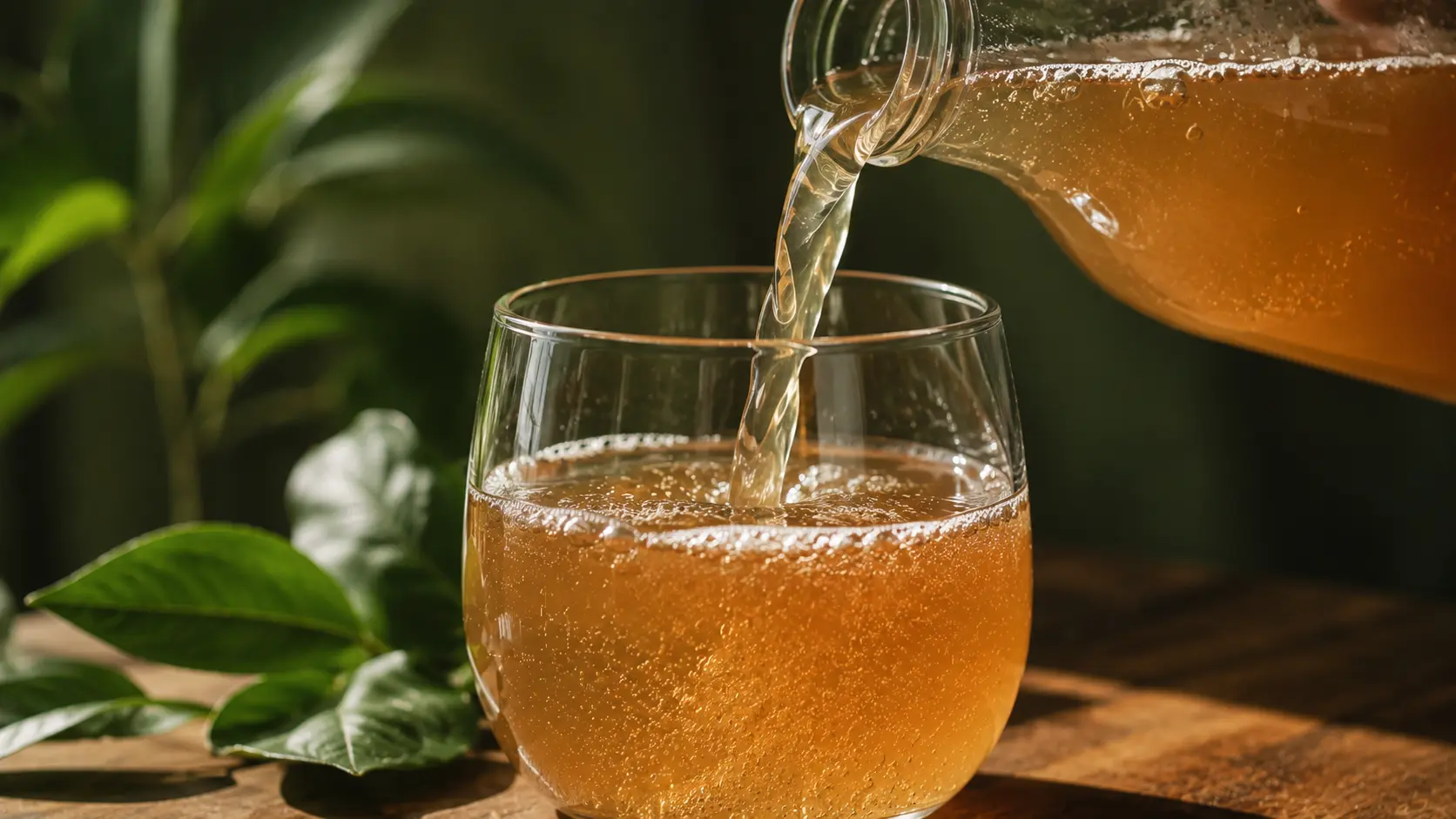 Pouring genuine fermented kombucha showing natural cloudiness — live cultures and organic acids