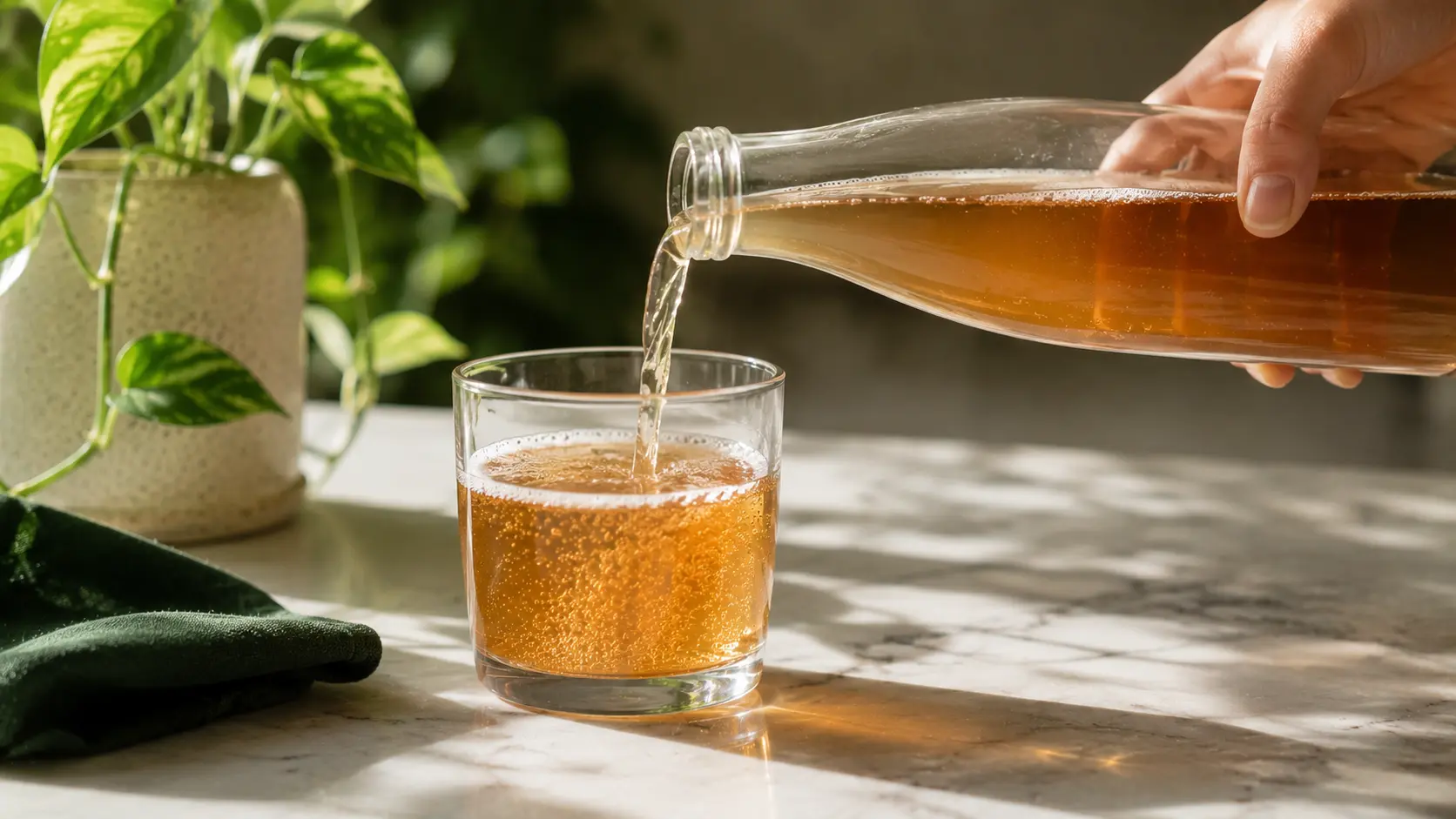Pouring kombucha slowly into glass — reducing bloating from carbonation