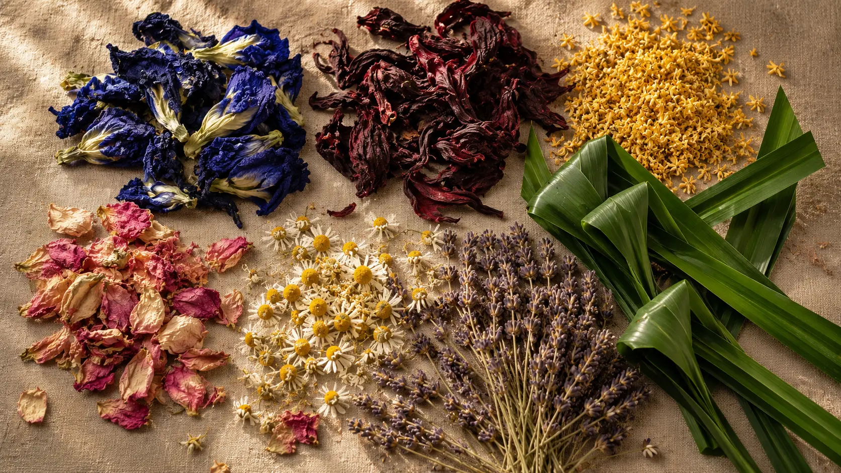 Dried and fresh kombucha botanicals — butterfly pea flower, hibiscus, osmanthus, pandan leaves, rose petals and lavender on linen — KombuchaSG