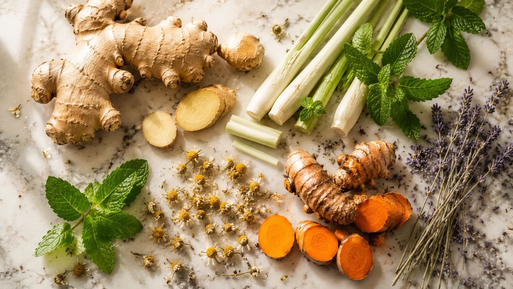 Fresh kombucha herbs and roots — ginger root, turmeric, lemongrass, mint, chamomile and lavender on white marble — KombuchaSG