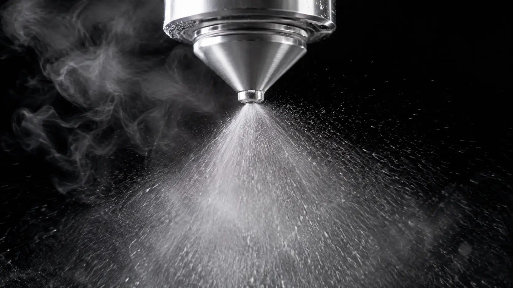 Industrial spray dryer nozzle producing fine powder — representing what dehydration does to live kombucha cultures — KombuchaSG