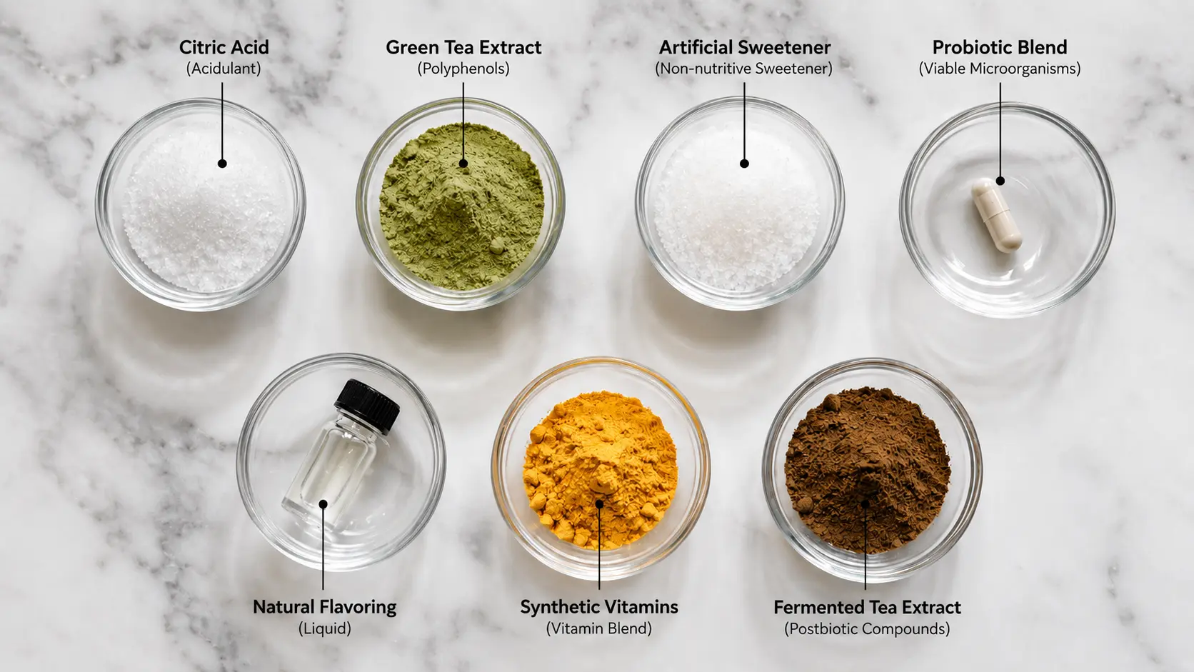 Powdered kombucha ingredients laid out separately — citric acid, sweetener, tea extract, added probiotics, flavoring — on white marble — KombuchaSG