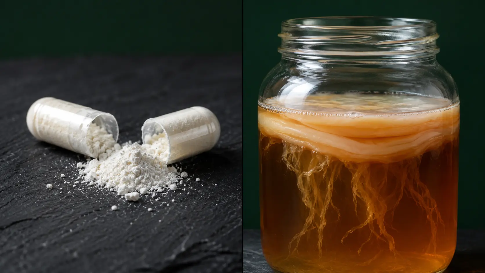 Side-by-side: a probiotic supplement capsule cracked open beside a jar of live SCOBY culture — KombuchaSG